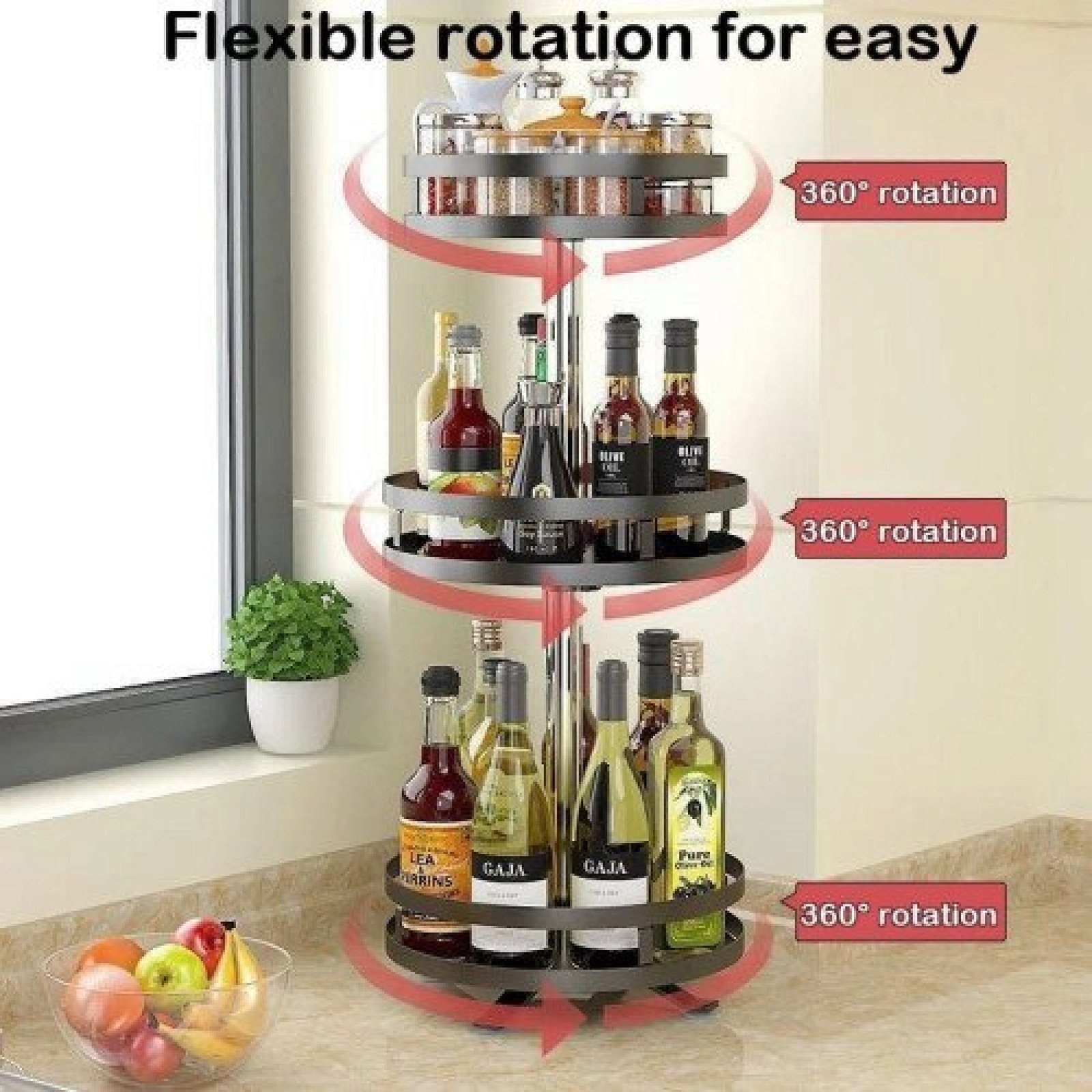 360° Rotating Round Metal Kitchen Organizer Multi-Purpose Storage Rack 3 Tier