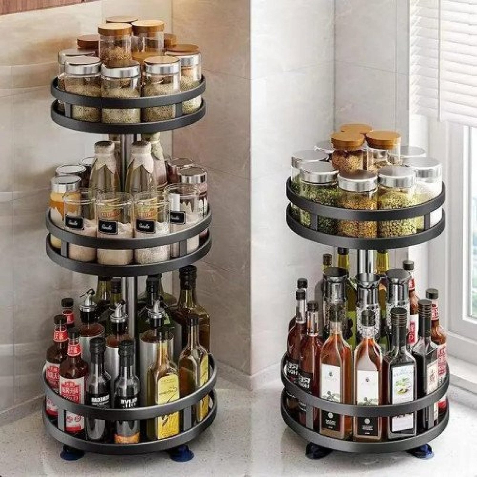 360° Rotating Round Metal Kitchen Organizer Multi-Purpose Storage Rack 3 Tier
