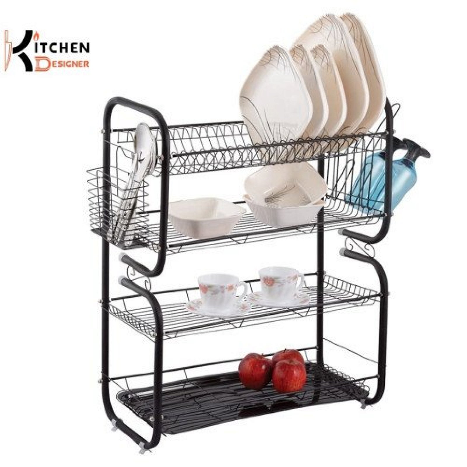 4 Tiers Dish Drainer New Edition B Shape Matte Black Dishrack Dishes Drain Rack With Plastic Drip Tray Cutlery Holder & Glass Stand