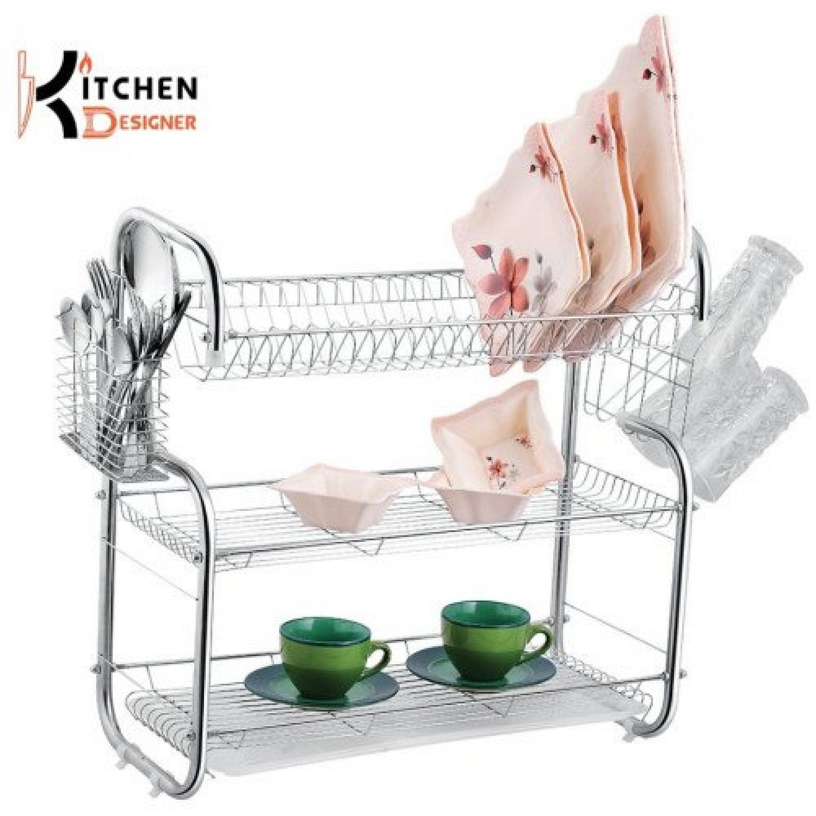 G Shape 3 Tire Dishracks Plate Dish Spoon Fork Bowl Cup Drain Rack Kitchen Organizer
