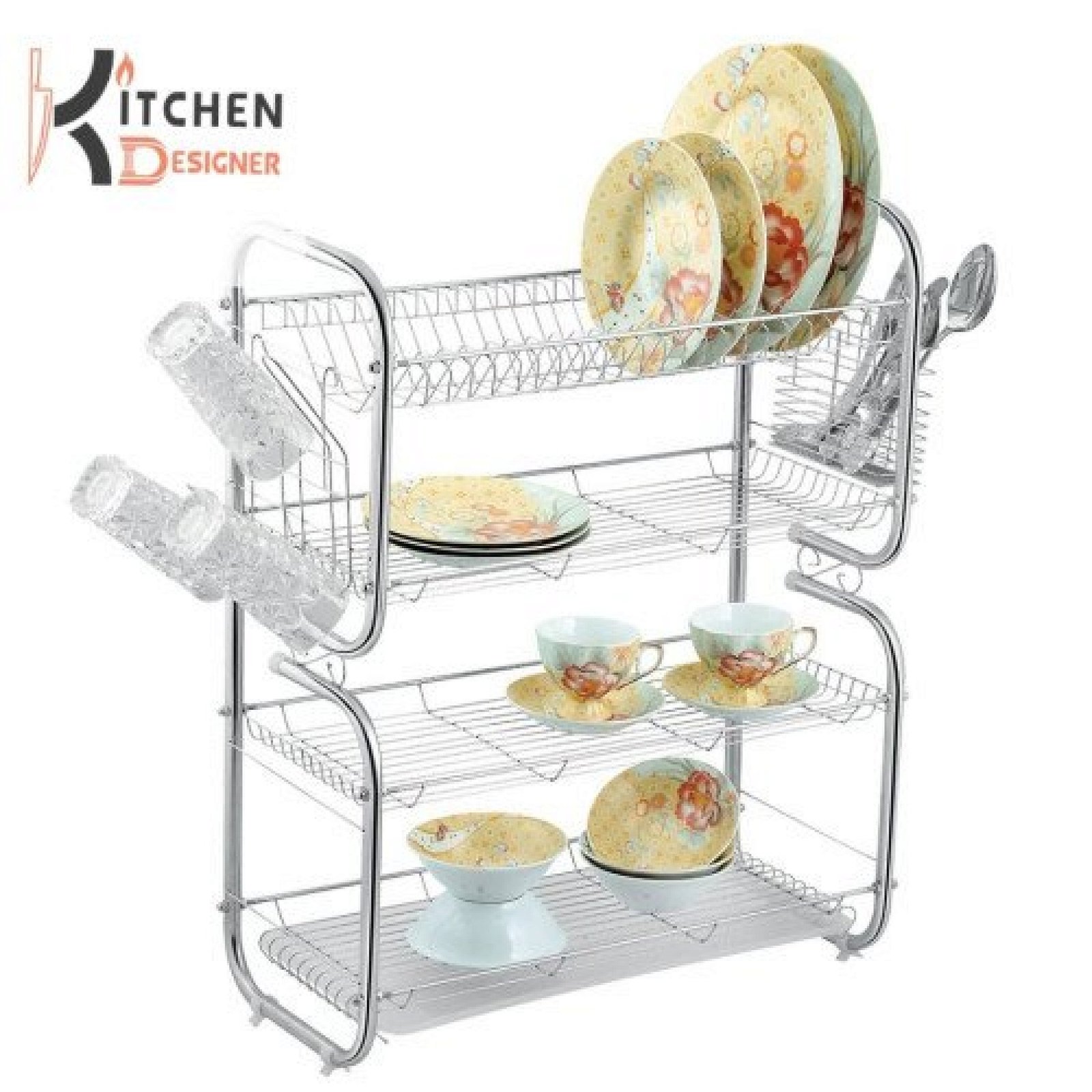 B Shape 4 Tiers Chrome Dish Rack Dish Drain Rack With Plastic Drip Tray