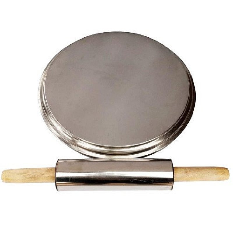 Stainless Steel Rolling Pin + Chakla + Steel Stand