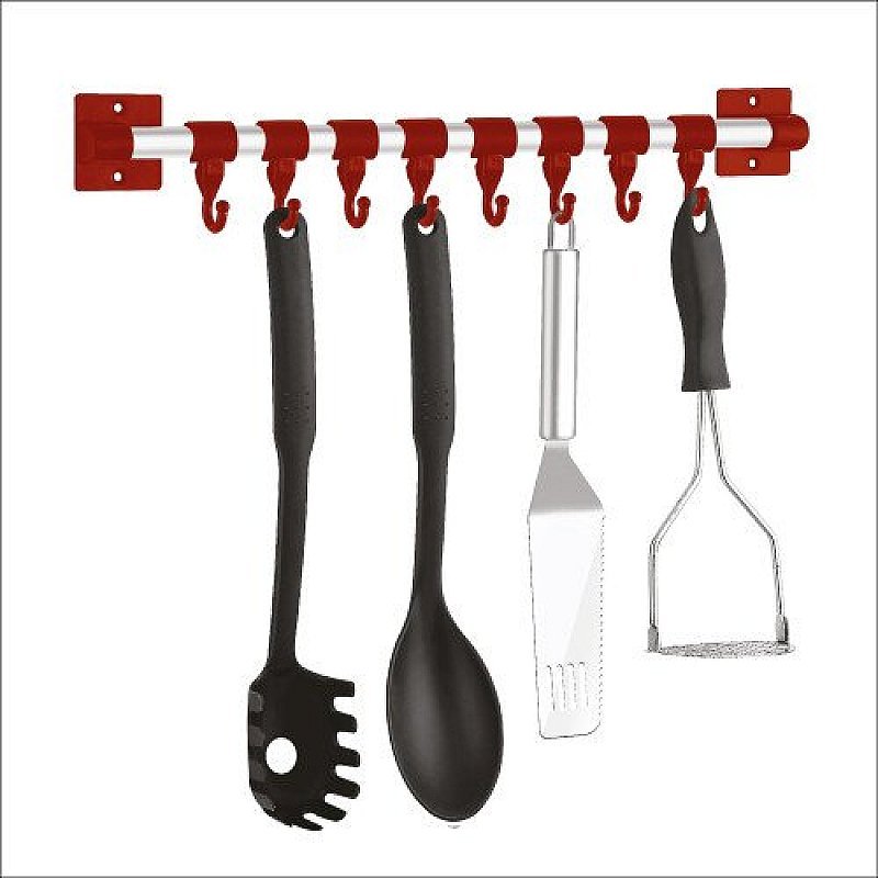 8 HangEase Hooks Kitchen Accessories Organizer Rack | Cloth Hanging Stand Wall Mounted Maroon