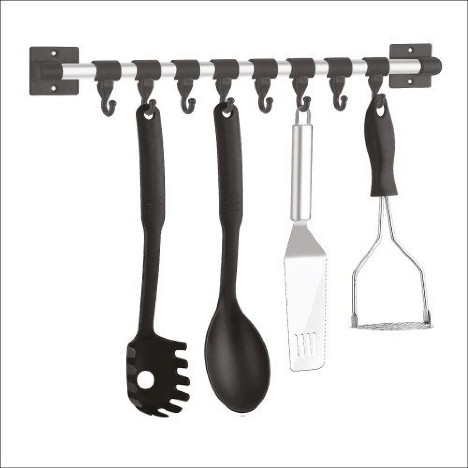 8 HangEase Hooks Kitchen Accessories Organizer Rack | Cloth Hanging Stand Wall Mounted | Black