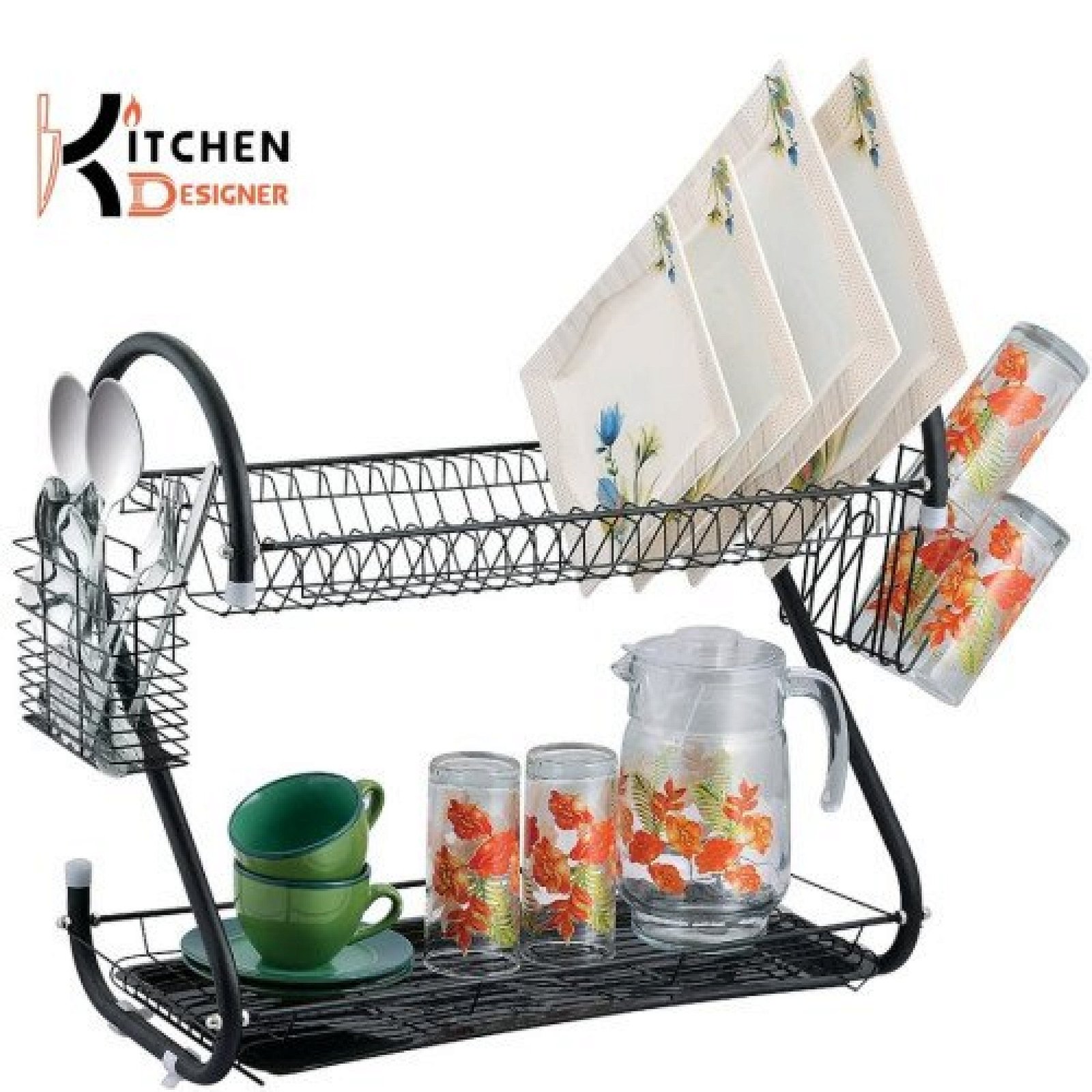 Matte Black S Shape Double Decker Dishrack Plate Dish Spoon Fork Bowl Cup Drainer Rack Kitchen Organizer With Glass & Cutlery Holder