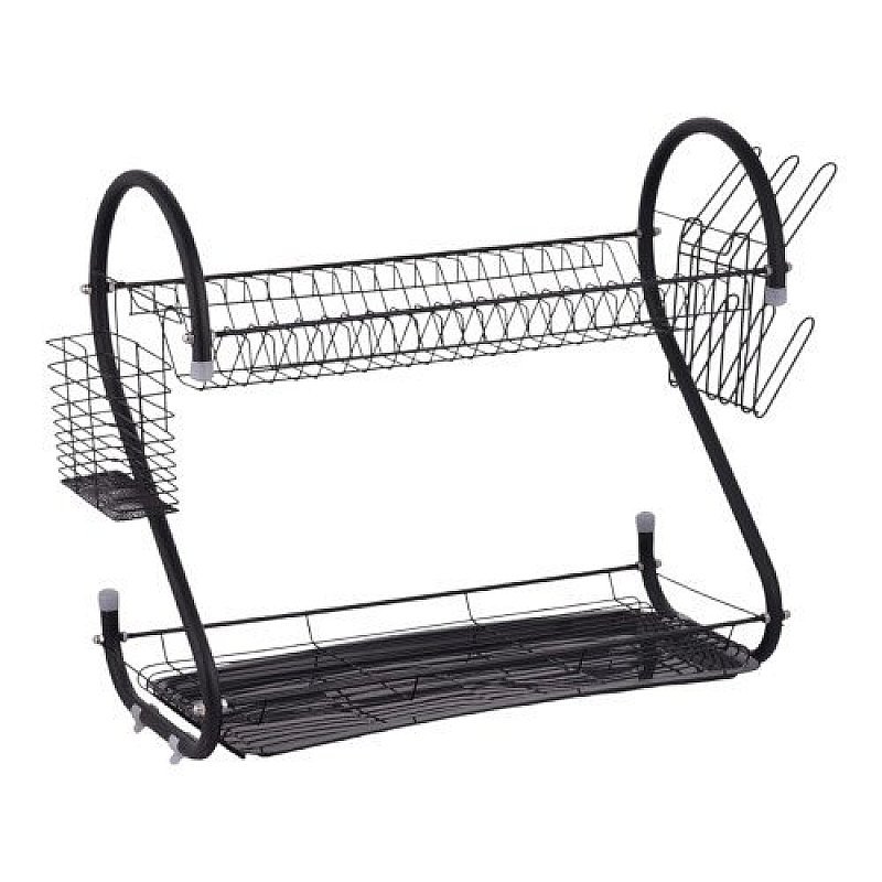 Matte Black S Shape Double Decker Dishrack Plate Dish Spoon Fork Bowl Cup Drainer Rack Kitchen Organizer With Glass & Cutlery Holder
